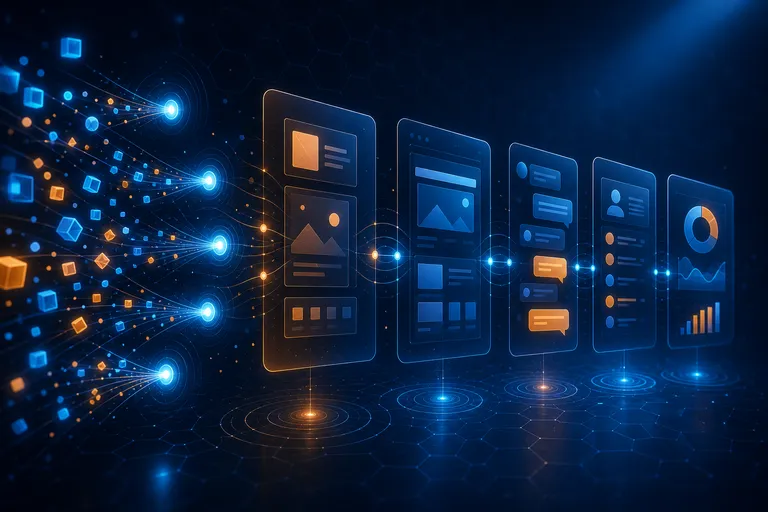 Formas abstratas conectando anúncios, site, atendimento e dados em um fluxo organizado.