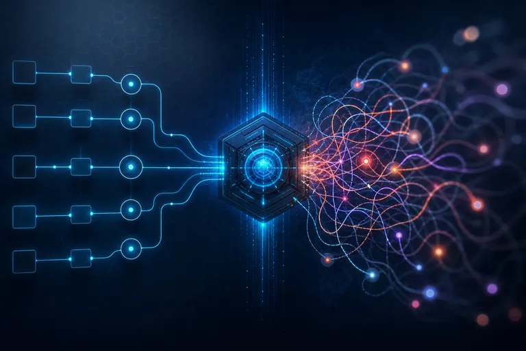 Fluxos abstratos comparando automação organizada e processo confuso amplificado.