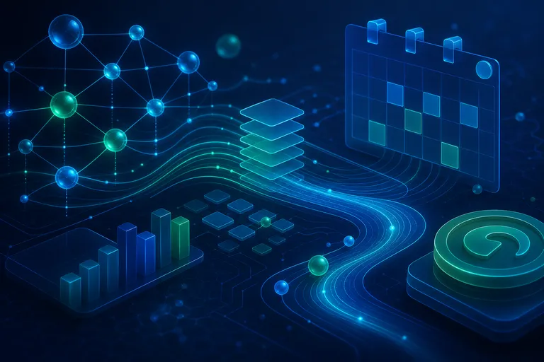 Composição abstrata com fluxos conectados representando automação financeira e cobranças.
