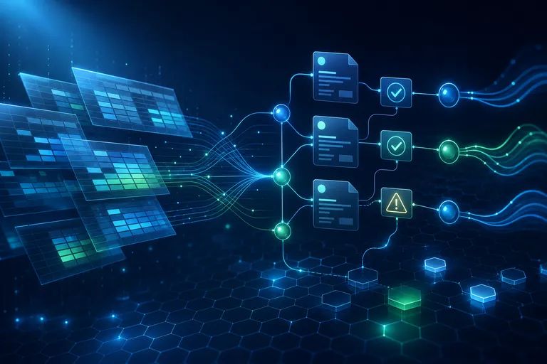 Fluxo financeiro abstrato saindo de planilhas para processos conectados.