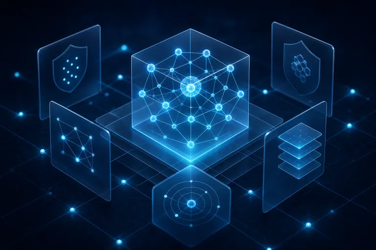 Formas abstratas conectadas por linhas, representando controle e automação com IA.