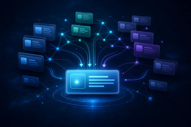 Imagem abstrata com blocos de informação conectados formando uma resposta central clara.