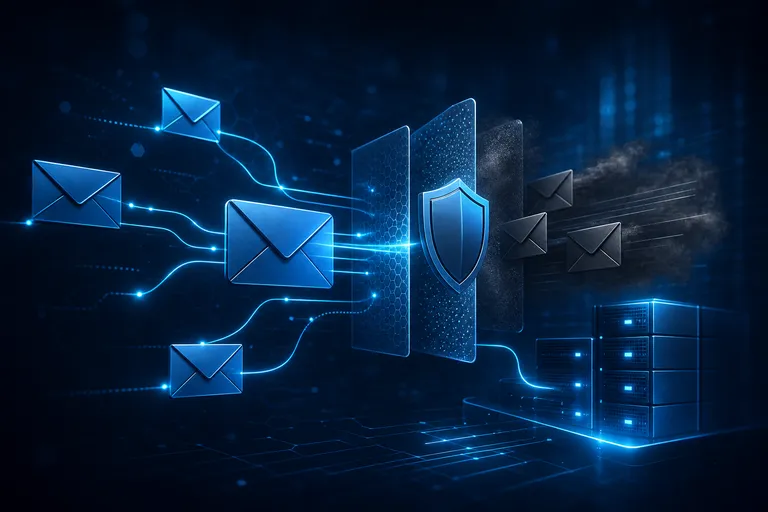 Ilustração abstrata de e-mails, filtros e proteção digital em tons de azul e cinza.