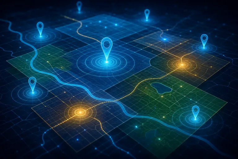 Mapa abstrato com pontos de localização e caminhos destacados em uma região.