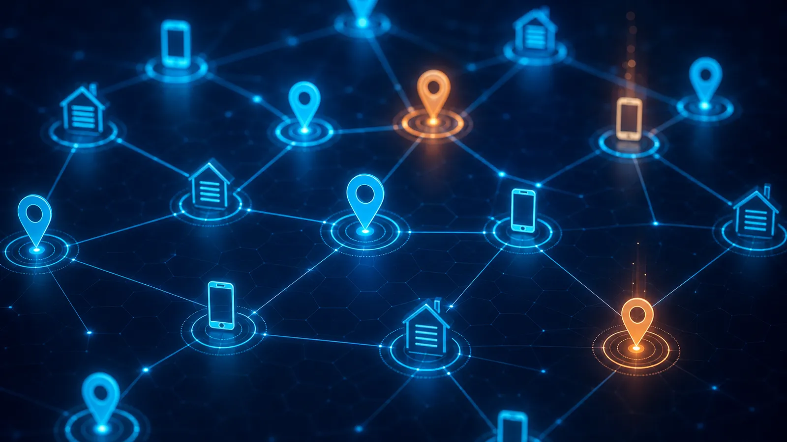 Rede abstrata de pontos de localização e contato com alguns dados desencontrados em destaque.