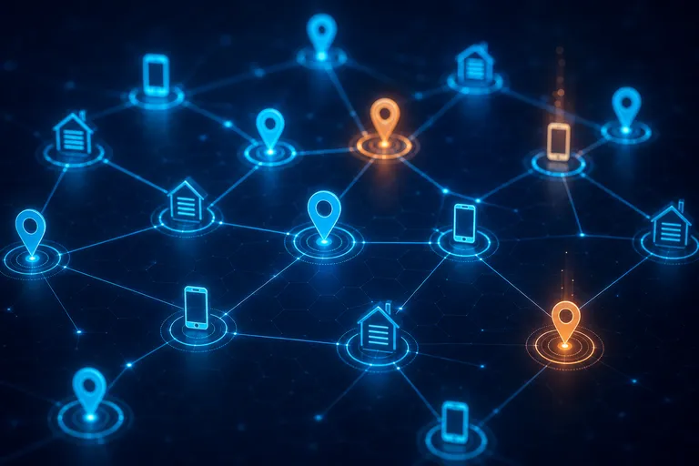 Rede abstrata de pontos de localização e contato com alguns dados desencontrados em destaque.
