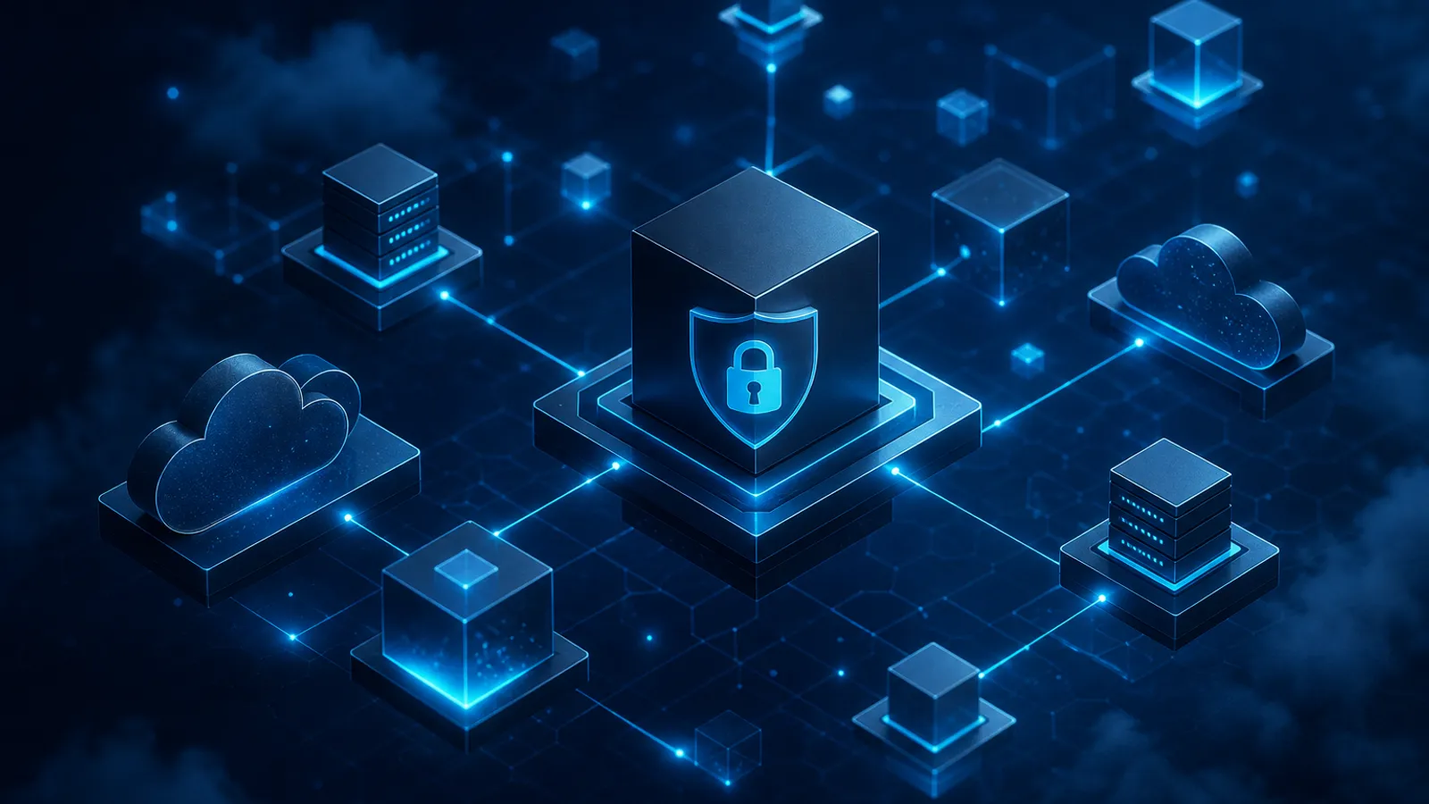 Blocos digitais conectados a um ponto central com cadeado, representando controle de domínio e contas.
