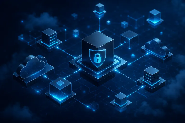 Blocos digitais conectados a um ponto central com cadeado, representando controle de domínio e contas.