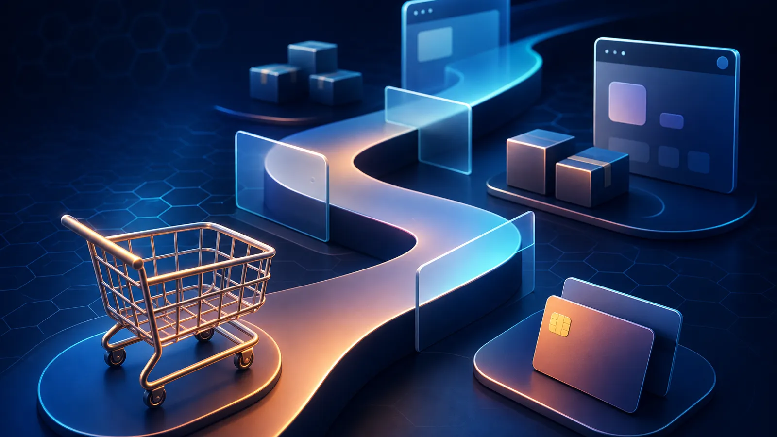 Caminho abstrato de compra online com carrinho e obstáculos digitais.