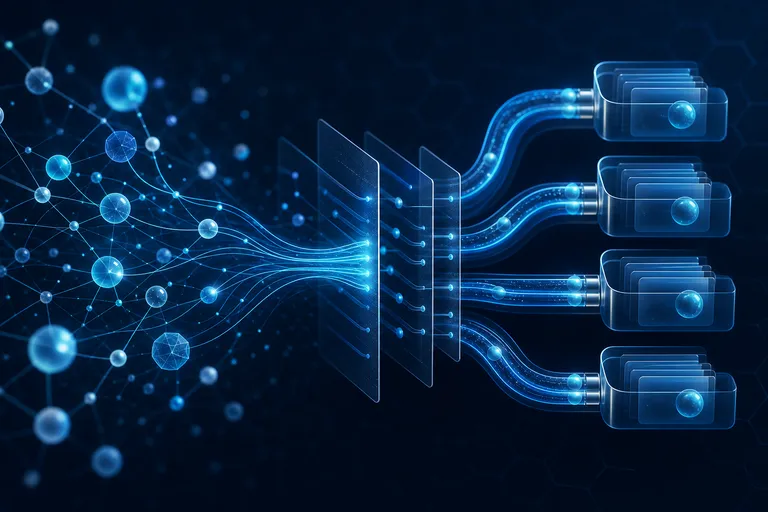 Formas abstratas conectadas representando organização de oportunidades comerciais com IA.