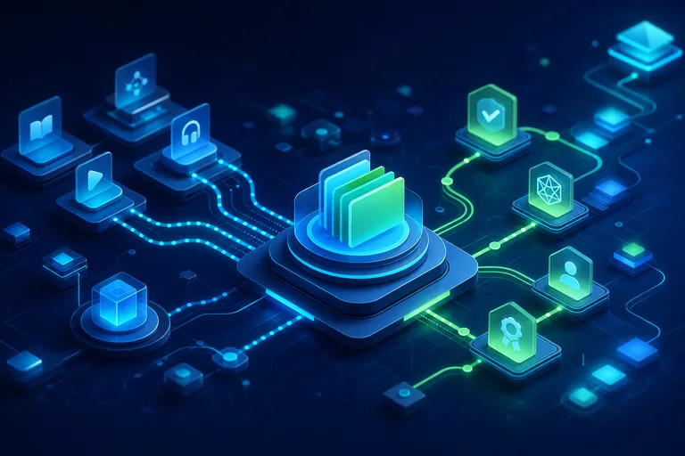 Blocos digitais conectados representando uma plataforma de treinamento interno.