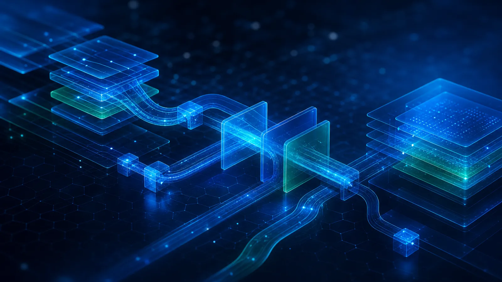 Formas abstratas conectadas representando sistemas integrados e fluxo de informações.