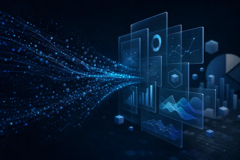 Formas abstratas conectadas representando dados organizados em relatórios automáticos.