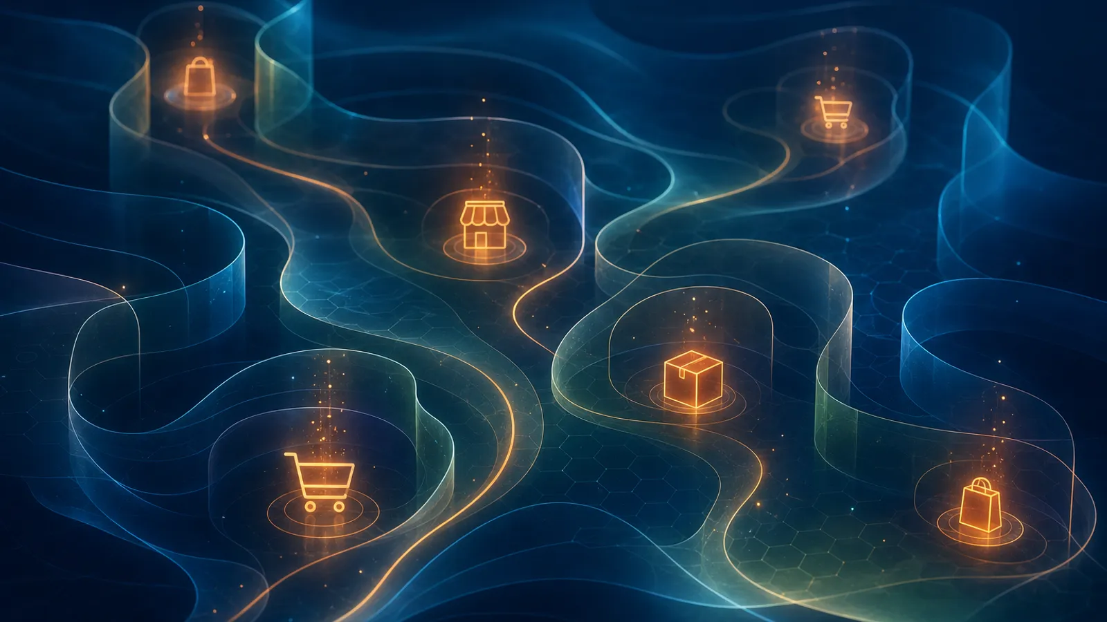 Formas abstratas com caminhos e limites suaves representando remarketing com bom senso.