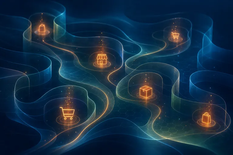 Formas abstratas com caminhos e limites suaves representando remarketing com bom senso.