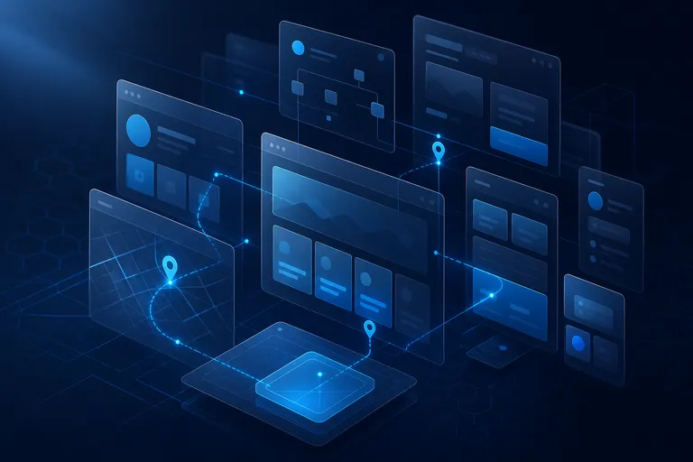 Estrutura abstrata de páginas de site conectadas por caminhos de busca.