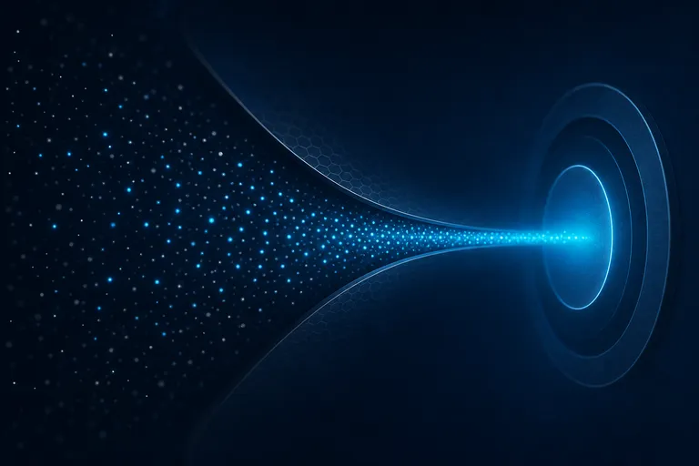Fluxo abstrato de pontos luminosos concentrados em um caminho e dispersos em outro.